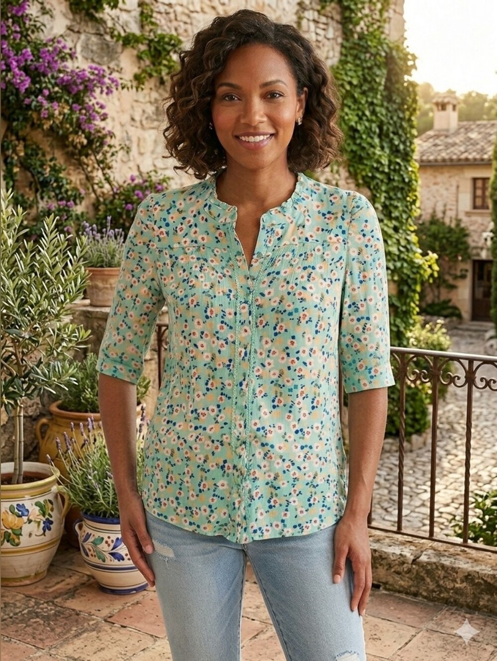 Democracy Boho Smocked Mint Green Floral Pintuck Ruched Sleeve Blouse Large